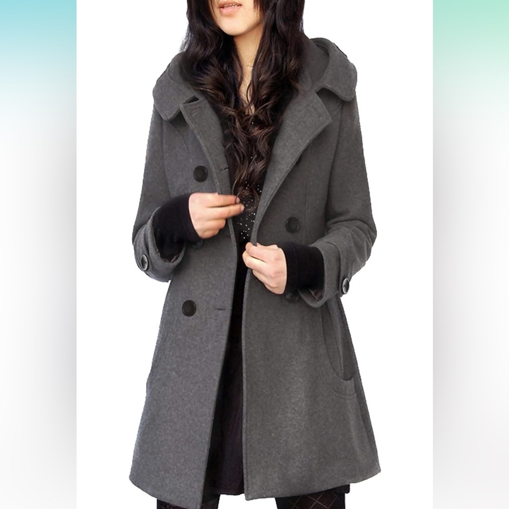 Women's Warm Double Breasted Wool Pea Coat Trench Coat Jacket with Hood